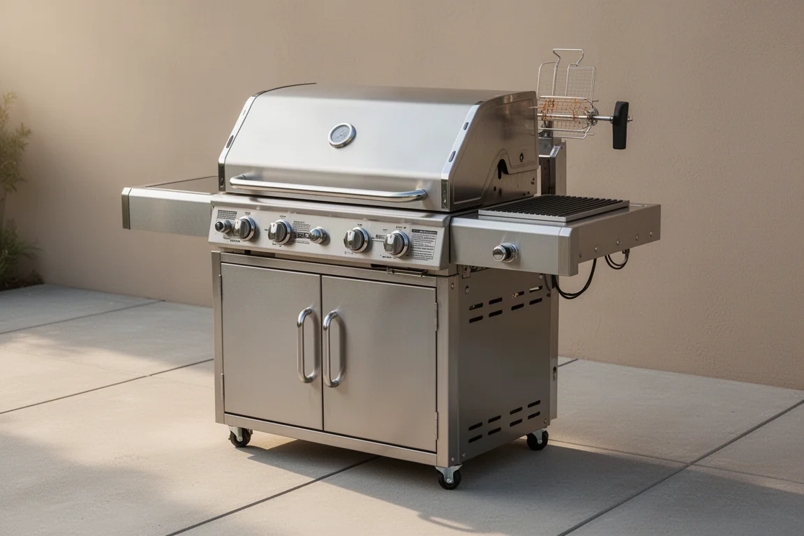 Stainless steel Monument Grills Eminence 605 gas grill on a concrete patio