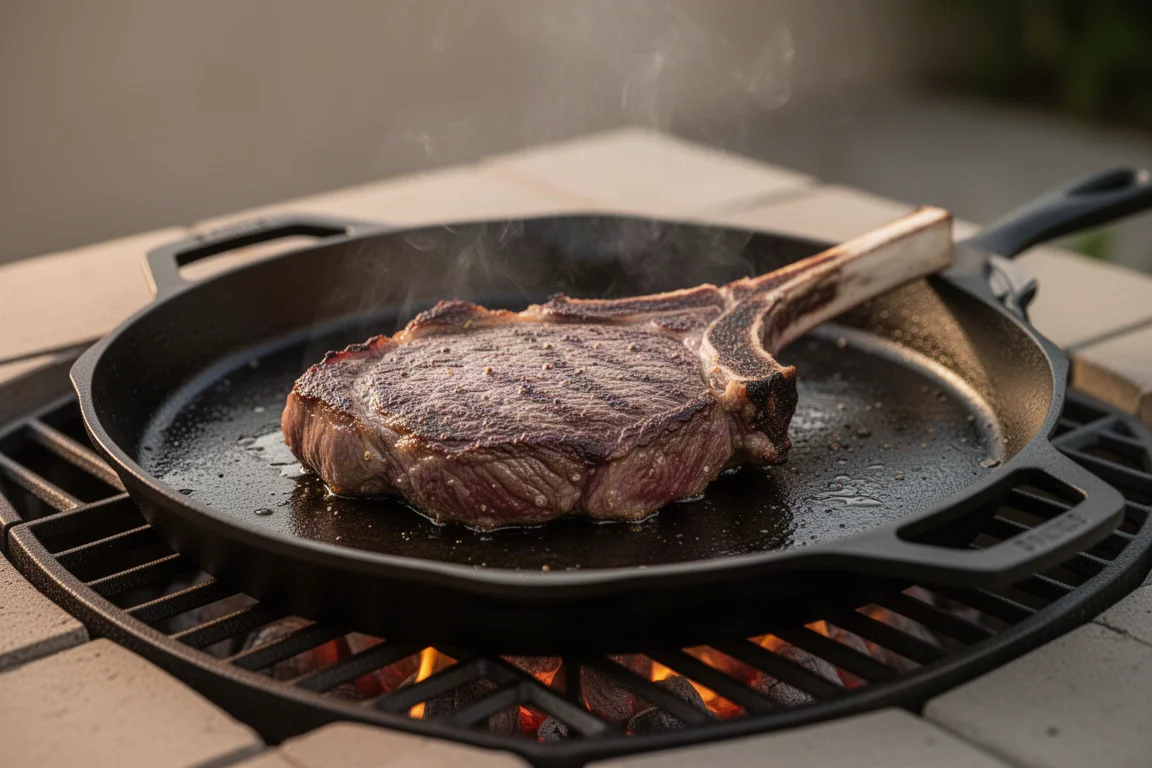 Succosa bistecca tomahawk spessa in cottura su una piastra di ghisa calda sulle griglie roventi del grill