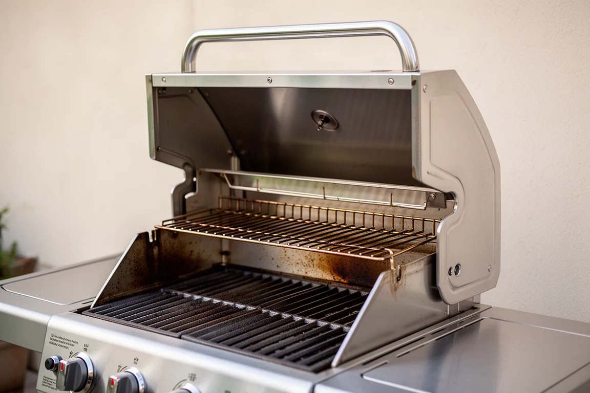 Coperchio del grill sollevato che mostra le griglie di cottura in acciaio inossidabile e una mensola portaoggetti all'interno