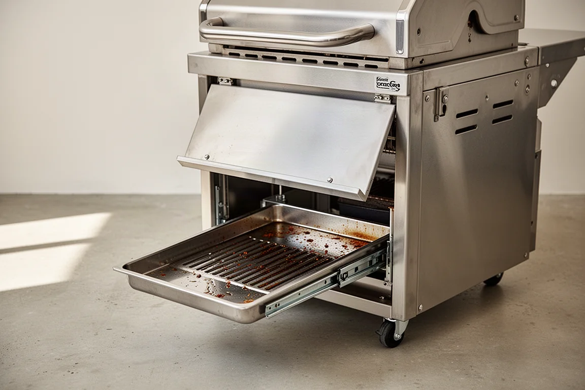 Vaschetta di raccolta estrusa e pannello di accesso ribaltabile sul retro del mobiletto del grill durante la pulizia