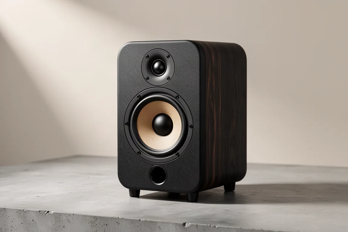 Compact black three-way bookshelf speaker in three-quarter view on a concrete surface