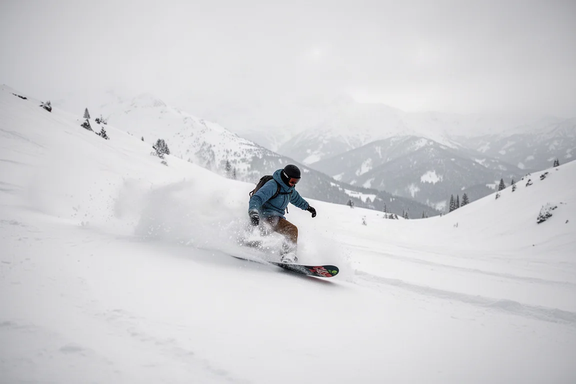 Snowboarder carvt durch tiefen Pulverschnee in einer weiten offenen Schüssel