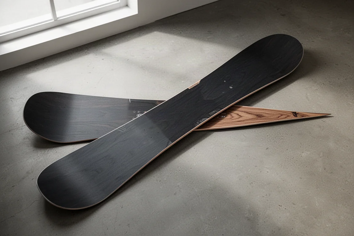 Detailaufnahme einer überzeichneten Snowboard-Nose und Pin-Tail-Silhouette