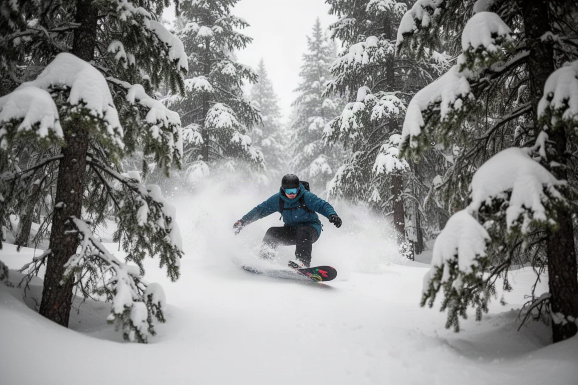 Snowboarder schlängelt sich bei Neuschnee durch einen dicht bewaldeten Tree Run
