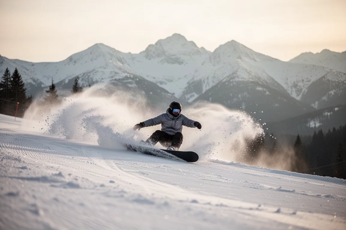 Snowboarder slashed einen Powder-Turn am Rand einer Resorthangpiste