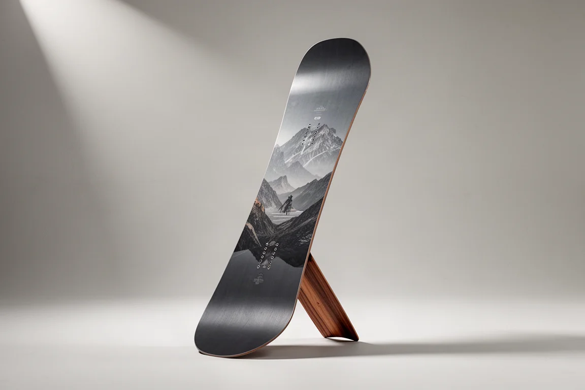 Directional Powder-Snowboard aufrecht stehend mit übergroßer Nose und Pin Tail