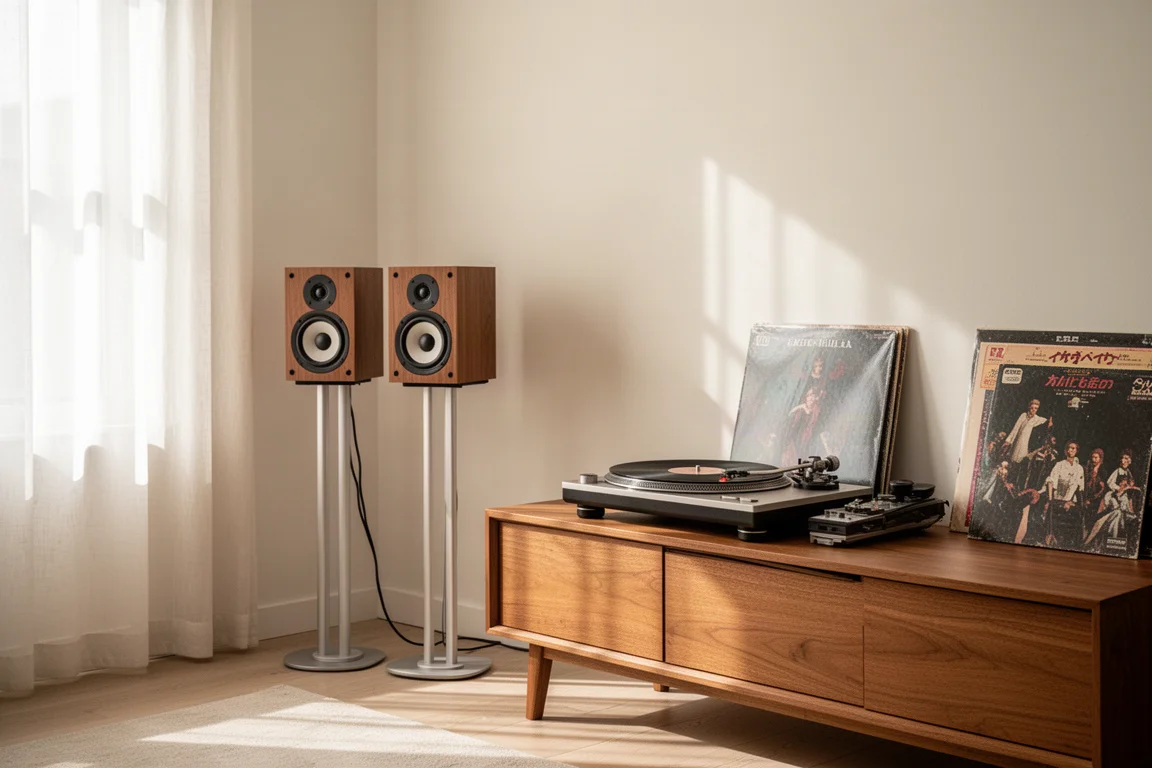 Altavoces de estantería sobre soportes en un salón luminoso con discos de vinilo cerca