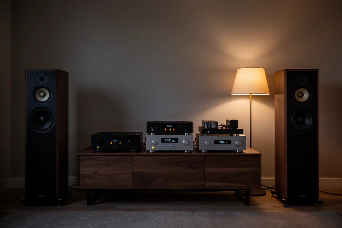 Sala de escucha nocturna con altavoces de suelo y un rack de componentes de alta fidelidad