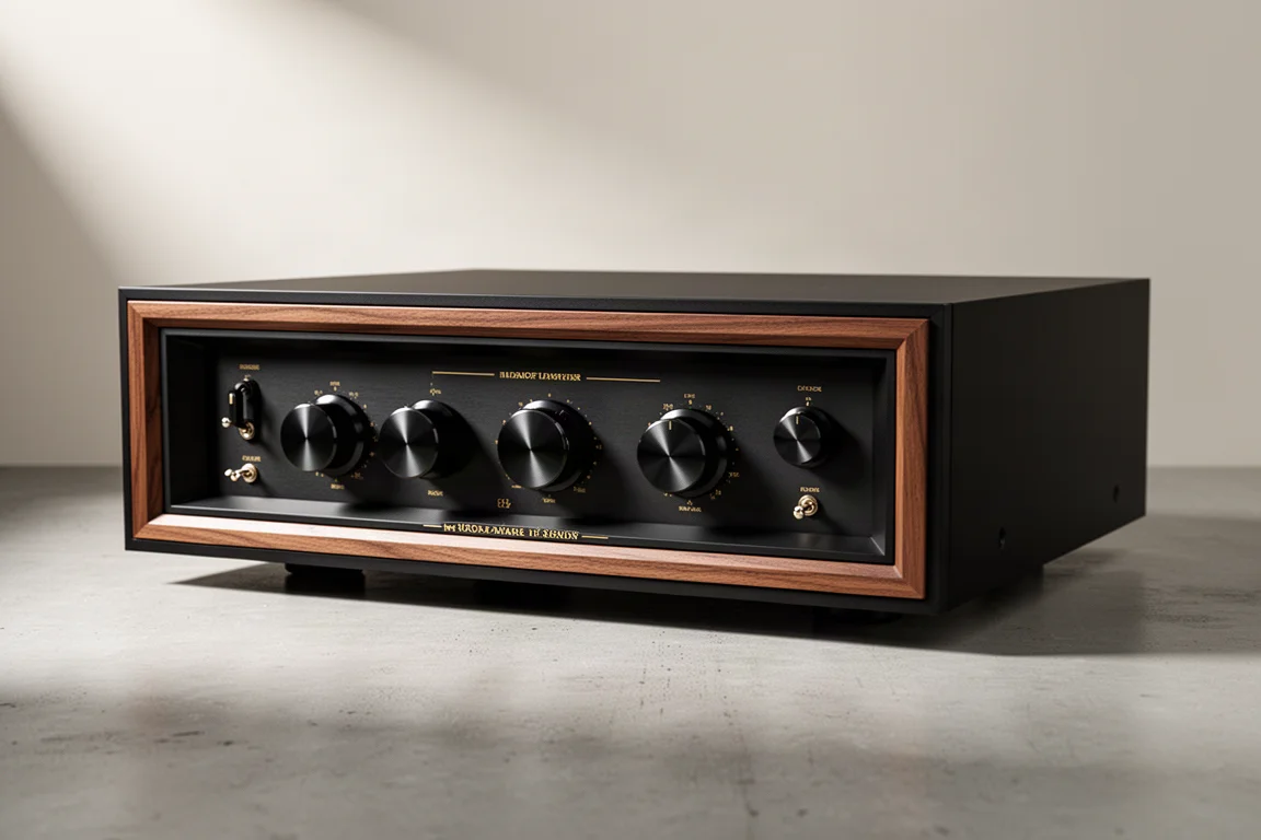Hand-built Swedish integrated amplifier with wooden bezel and four black dials on concrete