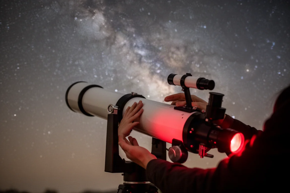 星空下用双手手动引导望远镜的身影