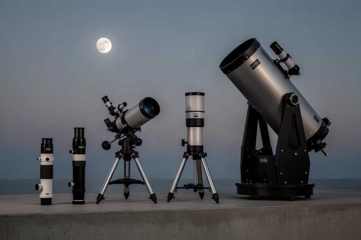 A row of telescopes from small to large under a dusk sky with a bright moon