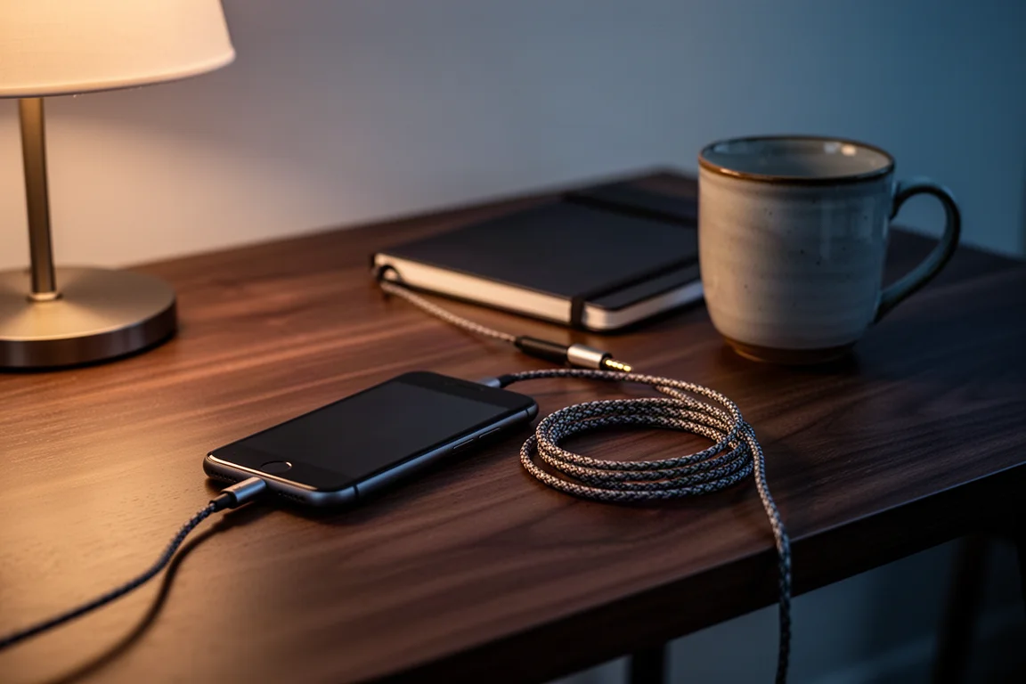 Smartphone avec un adaptateur 3,5 mm et un câble enroulé sur un bureau en noyer au crépuscule