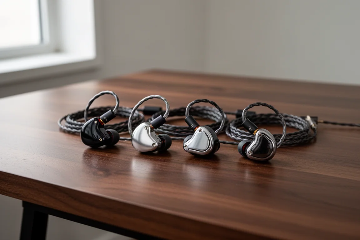 Quatre intra-auriculaires filaires différents alignés sur une table en noyer