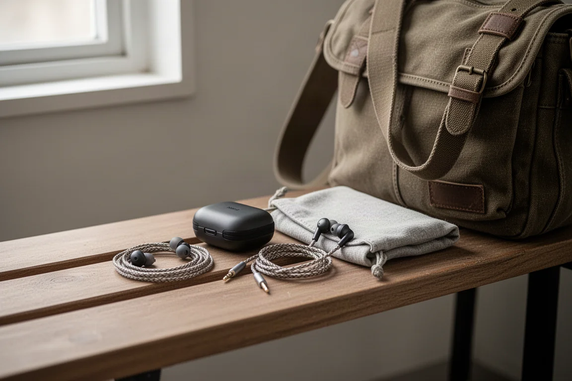 Étui d'écouteurs, câble et pochette sur un banc en bois à côté d'un sac en toile