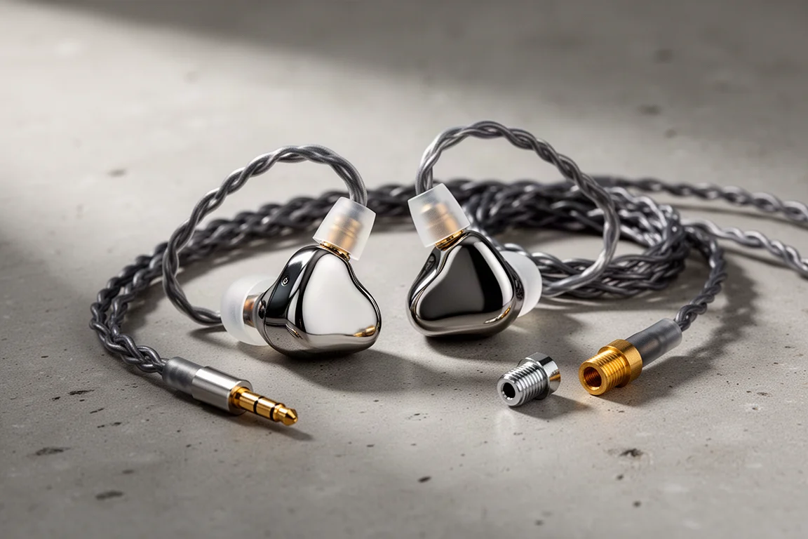 Polished stainless steel in-ear monitors with braided cable and two metal nozzles on concrete
