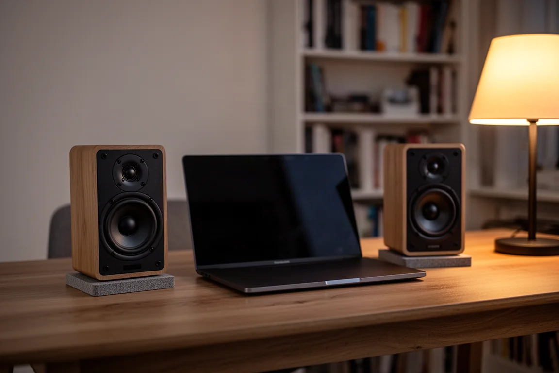 Monitores compactos sobre uma mesa, um de cada lado de um laptop, sob luz quente de fim de tarde