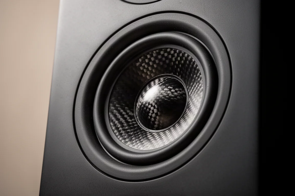 Detalhe em close-up de um pequeno woofer de cone de carbono em gabinete preto fosco