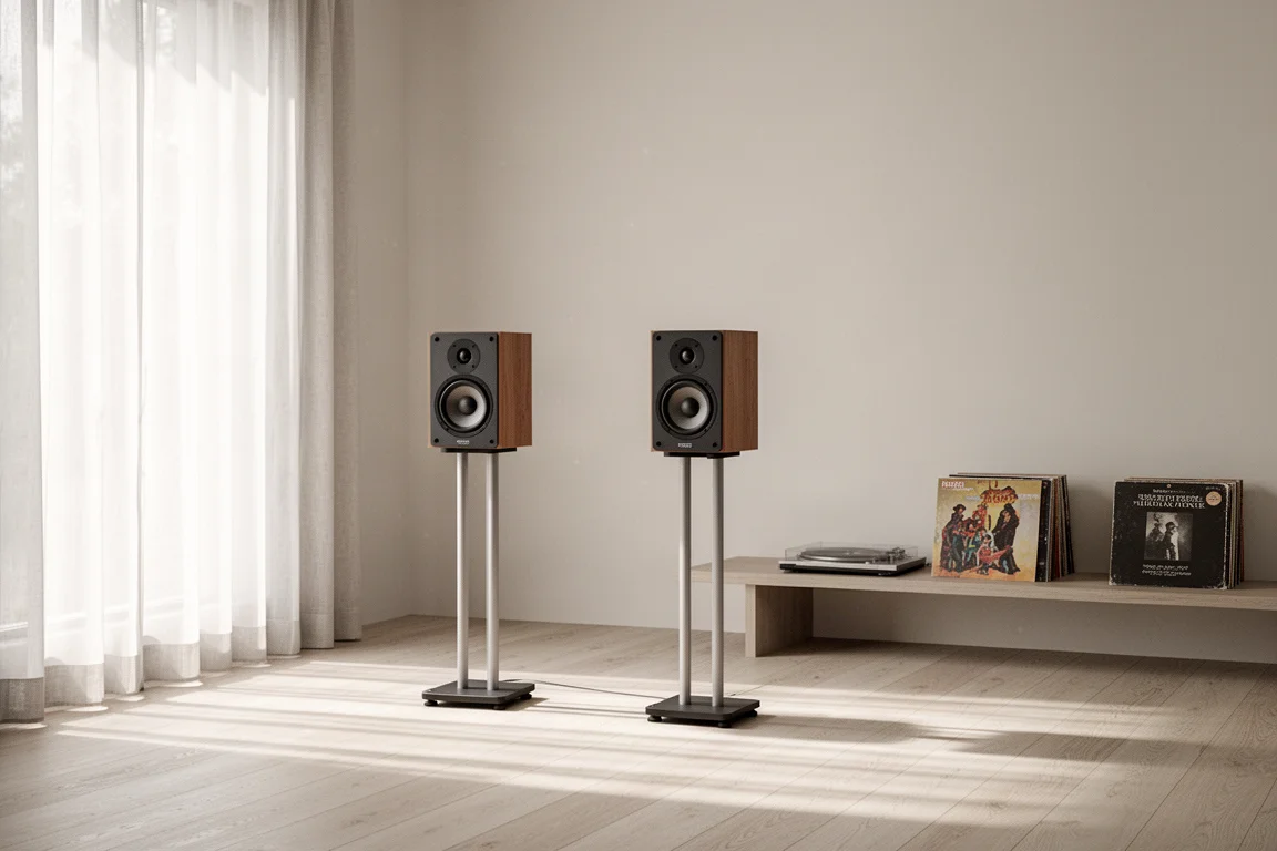 Par de monitores compactos em suportes numa sala de audição minimalista e iluminada
