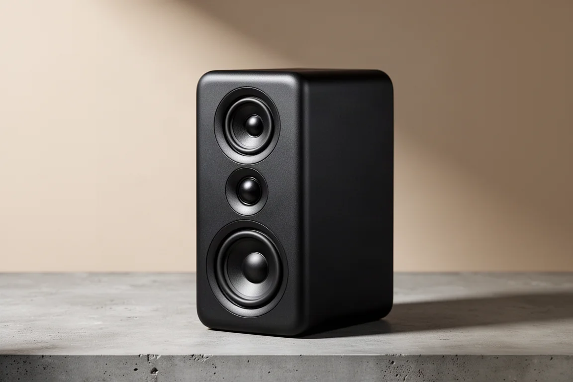 Compact matte black two-way monitor speaker on a concrete surface in soft studio light