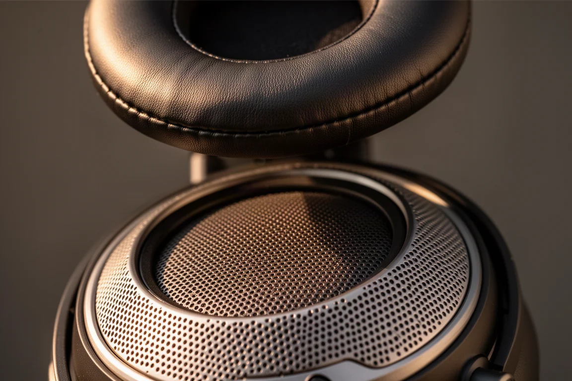 Vista macro di un driver magnetoplanare e di un padiglione magnetico sollevato sopra la coppa