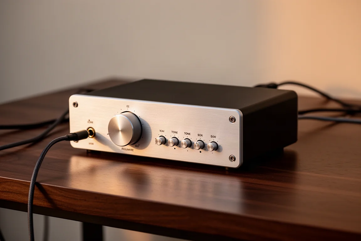 Primo piano di un amplificatore per cuffie da scrivania con manopola del volume e controlli di tono