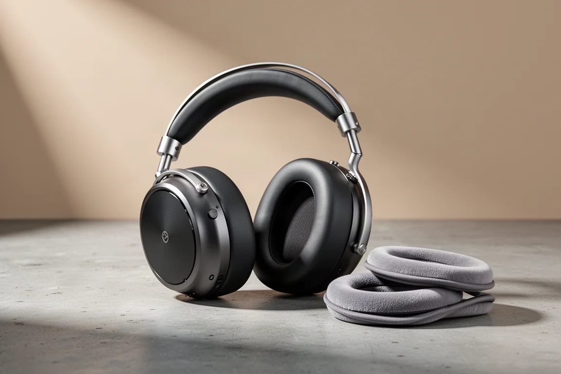 Full-size planar magnetic headphone with a metal headband resting on a concrete surface