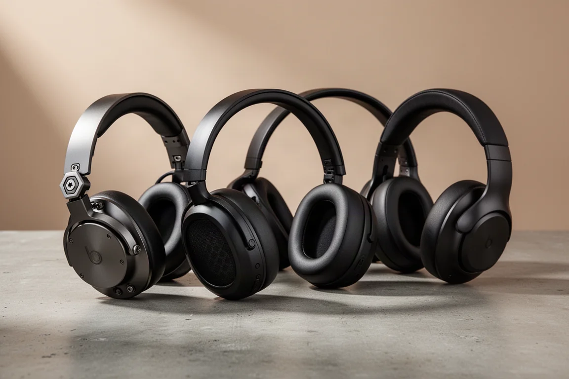 Four open-back over-ear headphones arranged in a row on a concrete surface