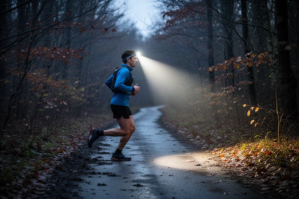 Traileur sur un sentier forestier sombre la nuit avec le faisceau d'une lampe frontale éclairant le sentier
