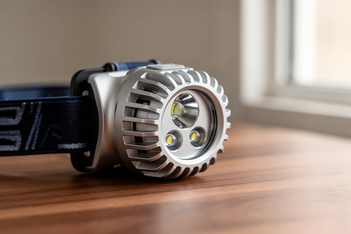 Gros plan sur le bloc lampe d'une lampe frontale en aluminium montrant ses ailettes de refroidissement