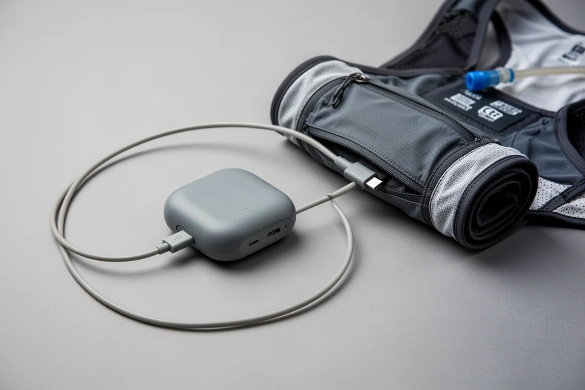 Batterie de lampe frontale reliée par un long câble d'extension rangée dans un gilet de course
