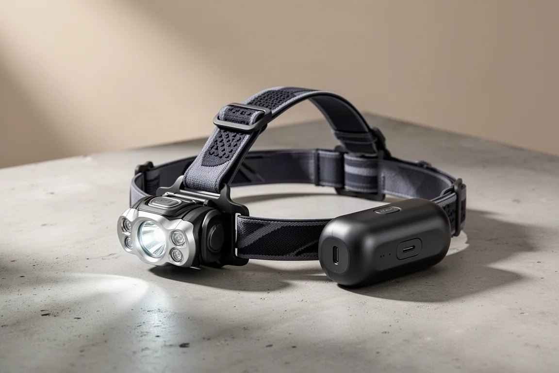 Moonlight Bright as Day 800 running head torch with head strap and battery on concrete