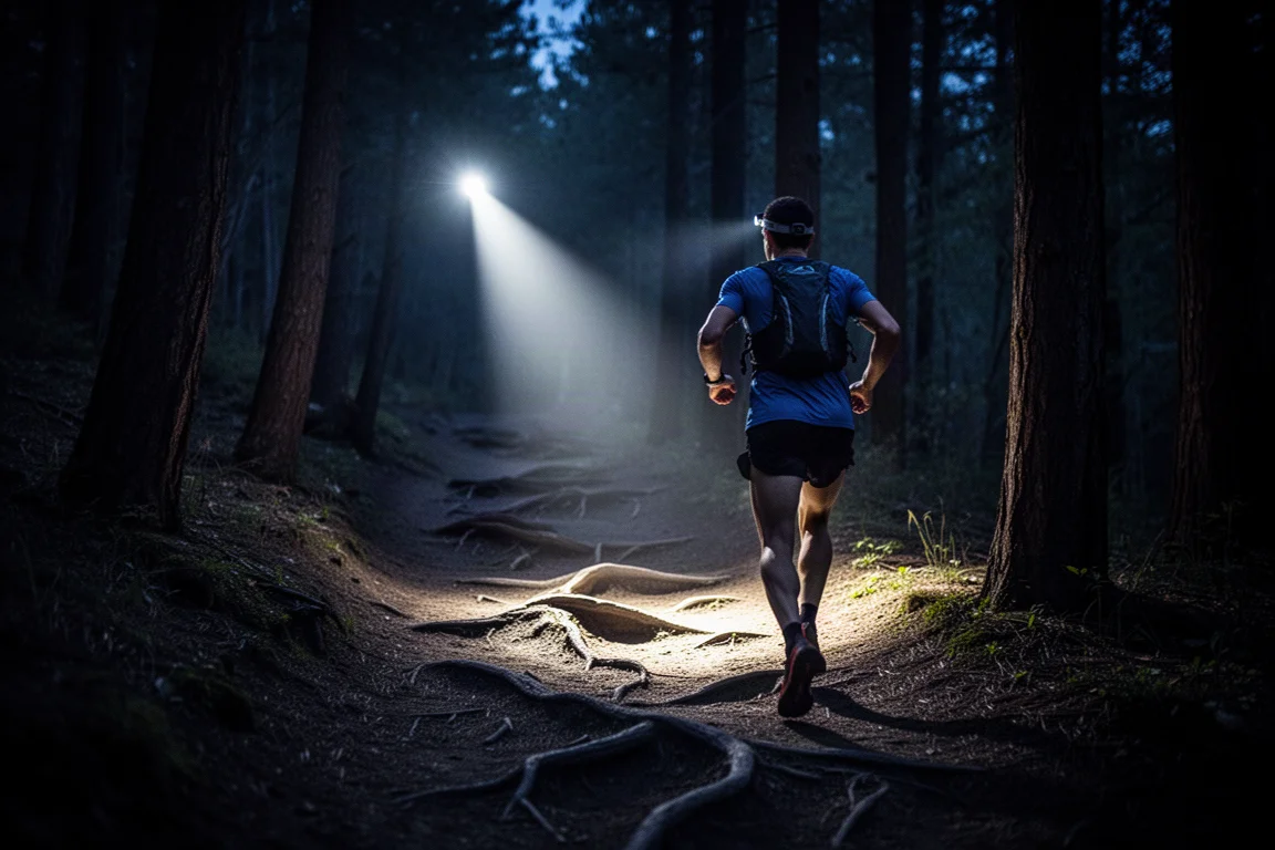 Trailrunner auf dunklem Waldweg, beleuchtet von einem hellen Stirnlampenstrahl