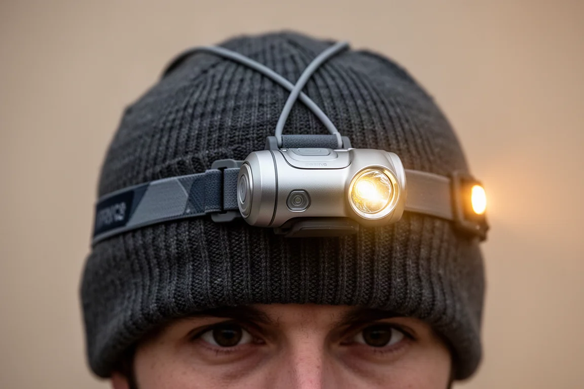 Stirnlampe mit oberem Kopfband über einer Beanie-Mütze bei Nacht getragen