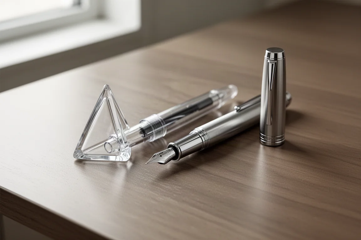 Penna stilografica triangolare trasparente accanto a una penna stilografica metallica su una scrivania in legno