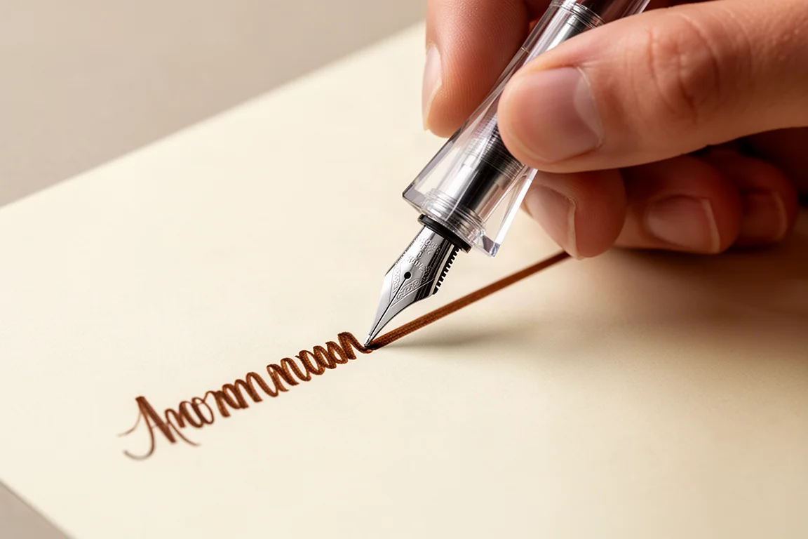 Mano che scrive con un pennino corsivo largo producendo tratti d'inchiostro larghi e stretti sulla carta