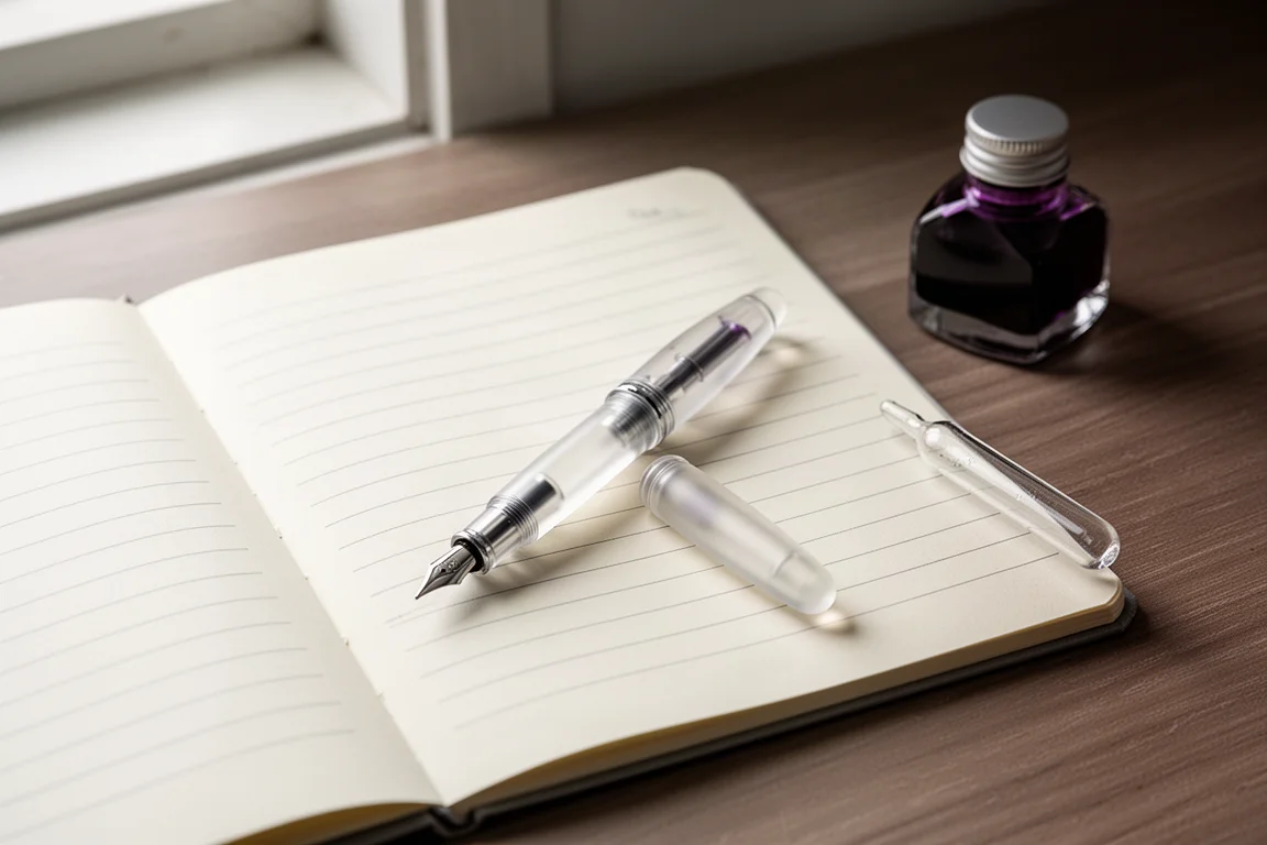 Court stylo plume trapu en résine translucide posé sur un carnet à côté d'une pipette