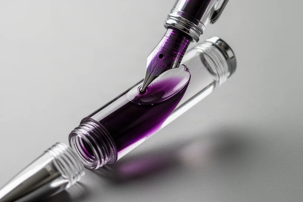 Remplissage du réservoir d'un stylo plume translucide avec de l'encre violette à la pipette