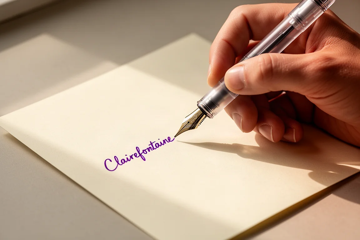 Écriture manuscrite avec un stylo plume trapu sur papier crème avec un trait fin à l'encre violette
