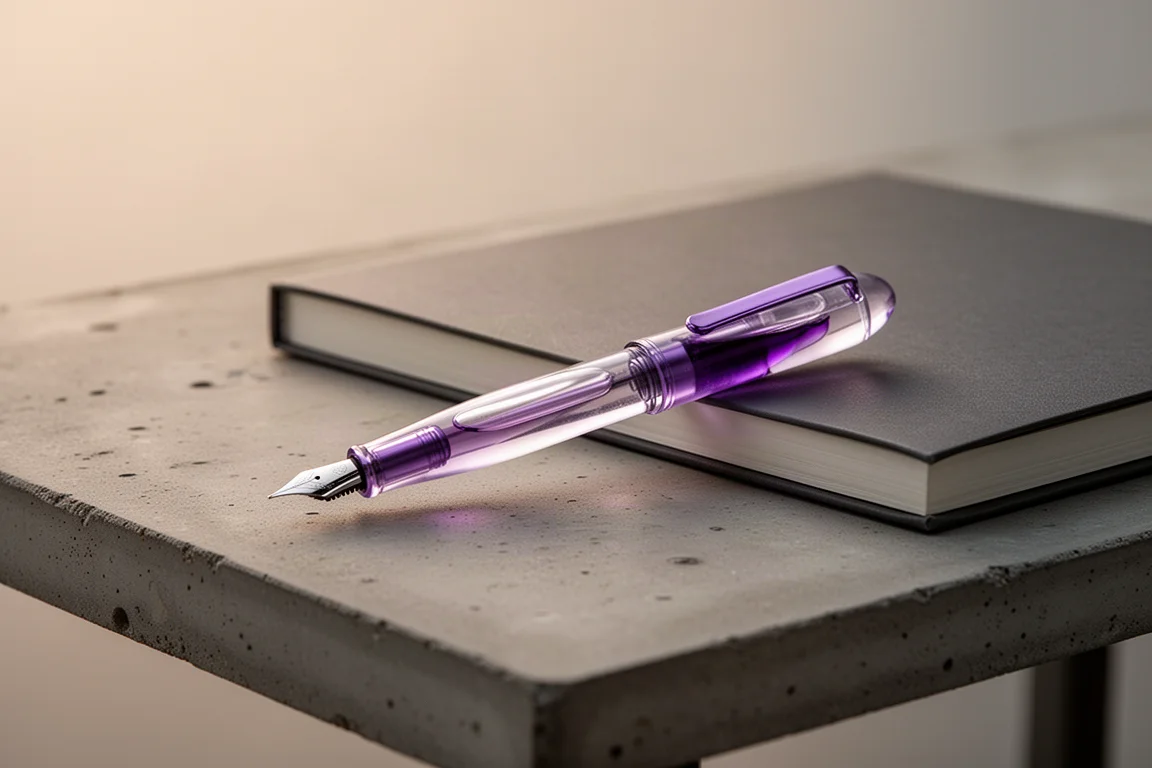 Stylo plume translucide aux teintes violettes posé sur un bureau dans une douce lumière du soir