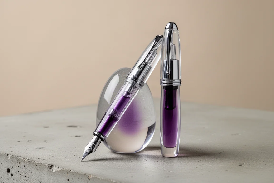 Corta penna stilografica tozza in resina traslucida appoggiata su una superficie di calcestruzzo con inchiostro viola ben visibile