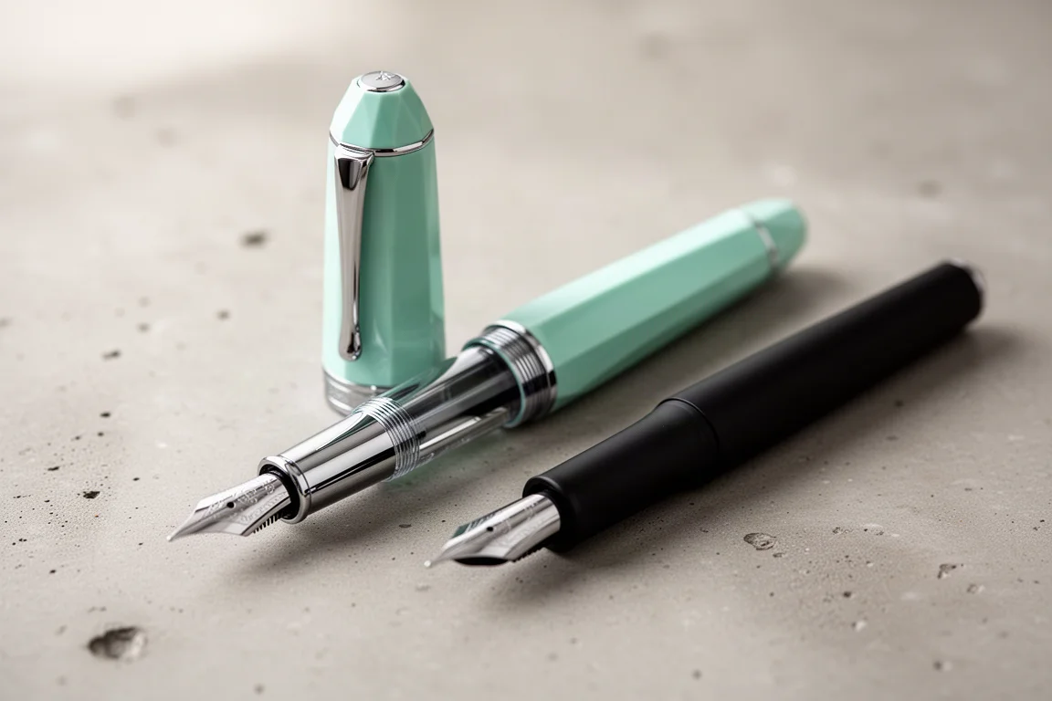 Stylo plume au capuchon facetté accrochant la lumière à côté d'un autre stylo pour comparaison de taille