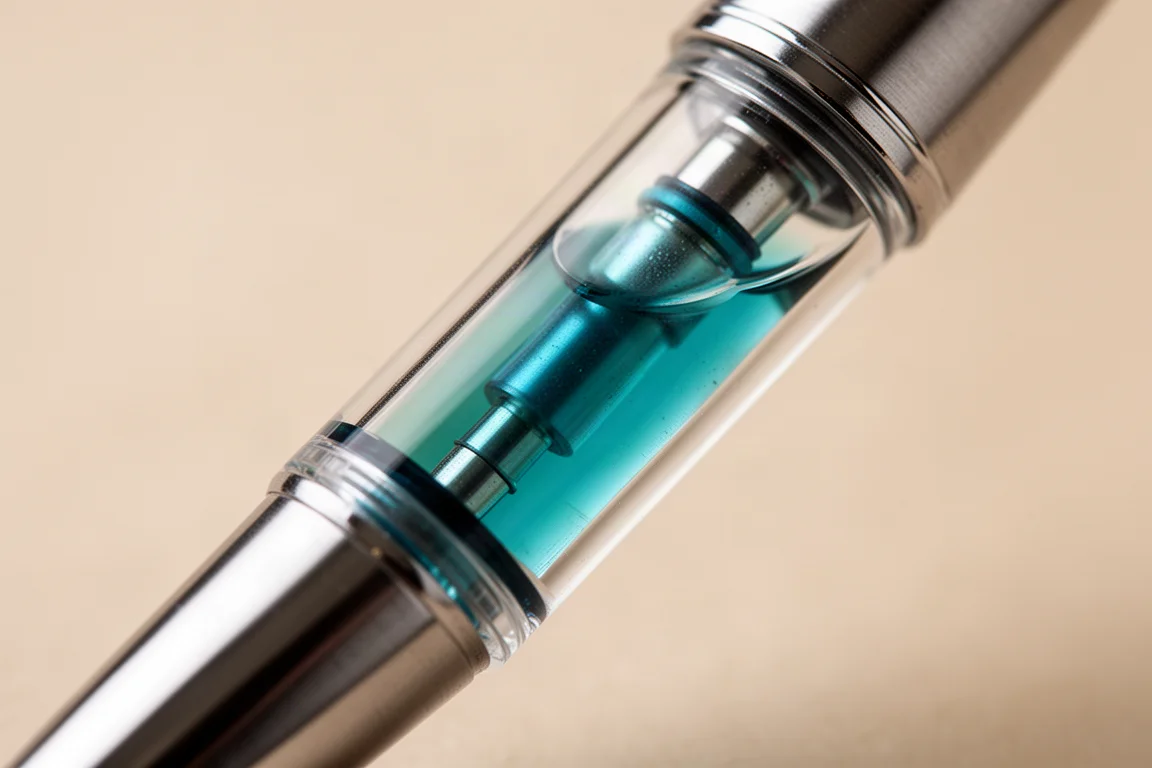 Corps transparent d'un stylo plume montrant le niveau d'encre à travers la grande fenêtre