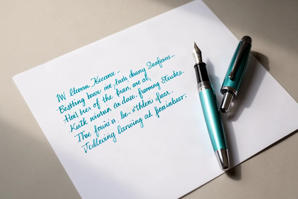 Lignes manuscrites à l'encre turquoise sur papier blanc lisse avec un stylo plume à proximité