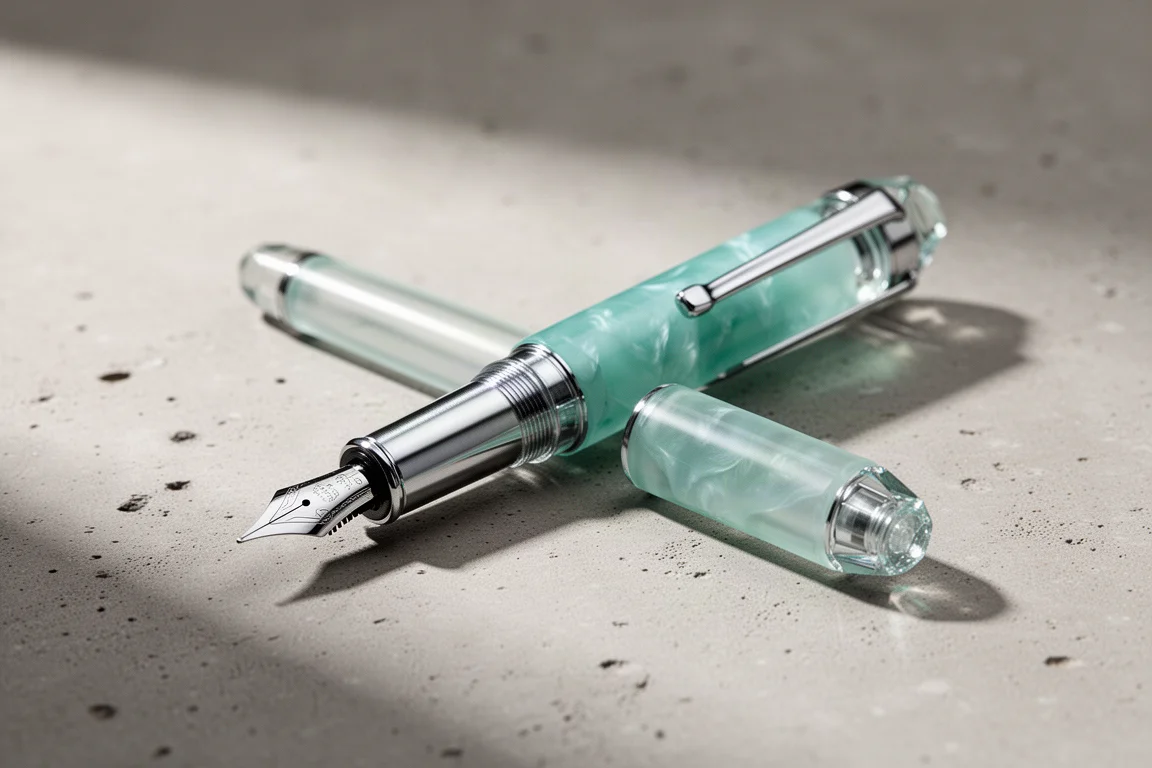Penna stilografica a pistone turchese e alluminio con cap tutte a sfaccettature su superficie di cemento