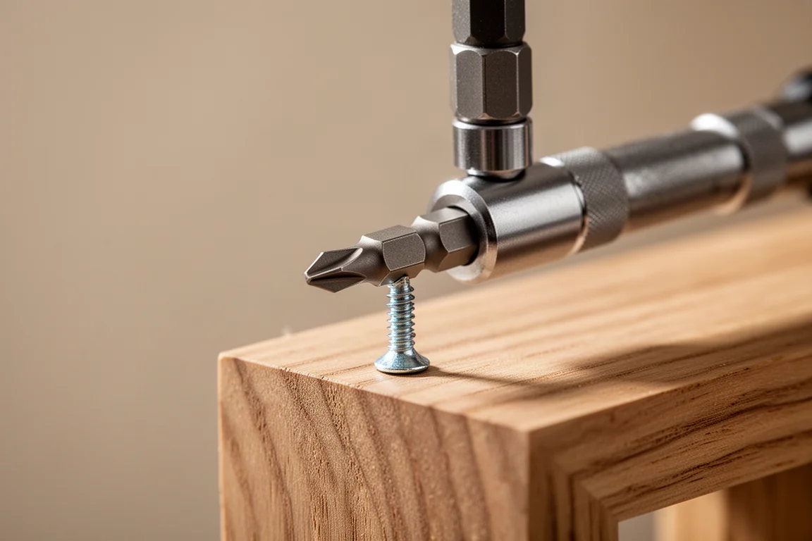 Magnetische Bit-Verlängerung mit Phillips-Bit an einem Schraubenkopf bei weichem Werkstattlicht