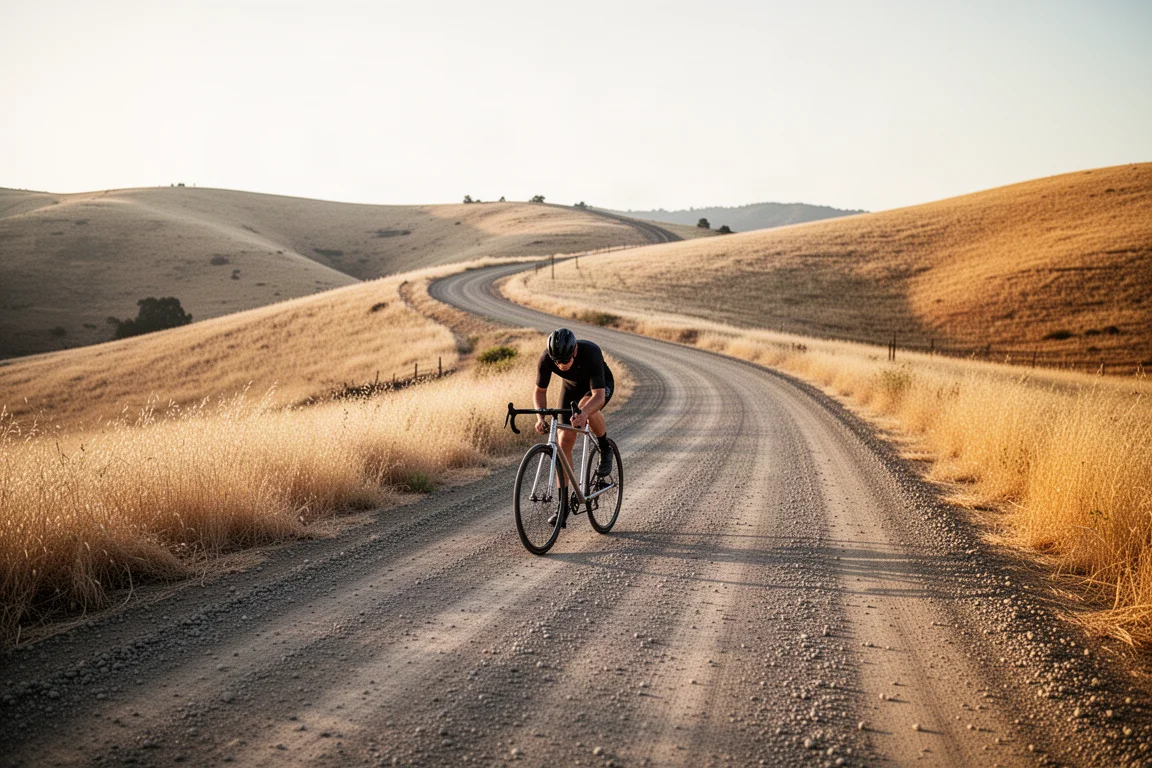 Gravel road winding through golden hills with a distant cyclist