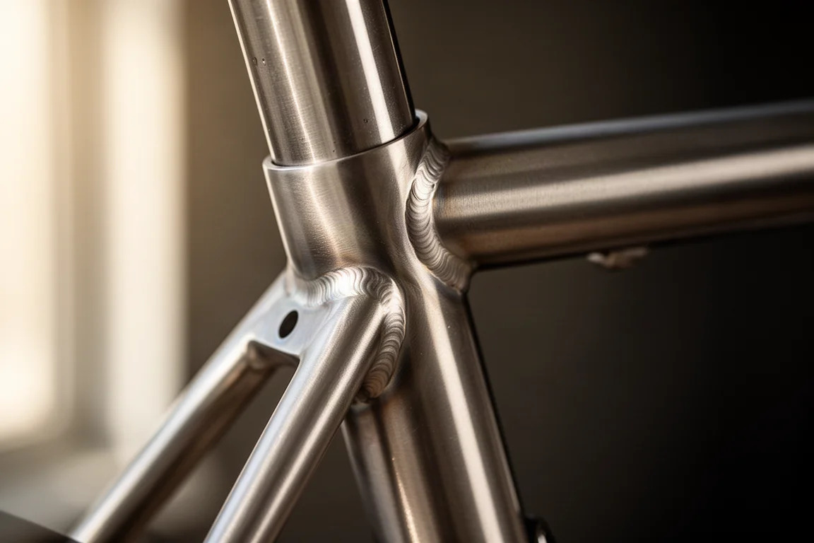 Close-up of small smooth weld beads on a brushed titanium bicycle frame