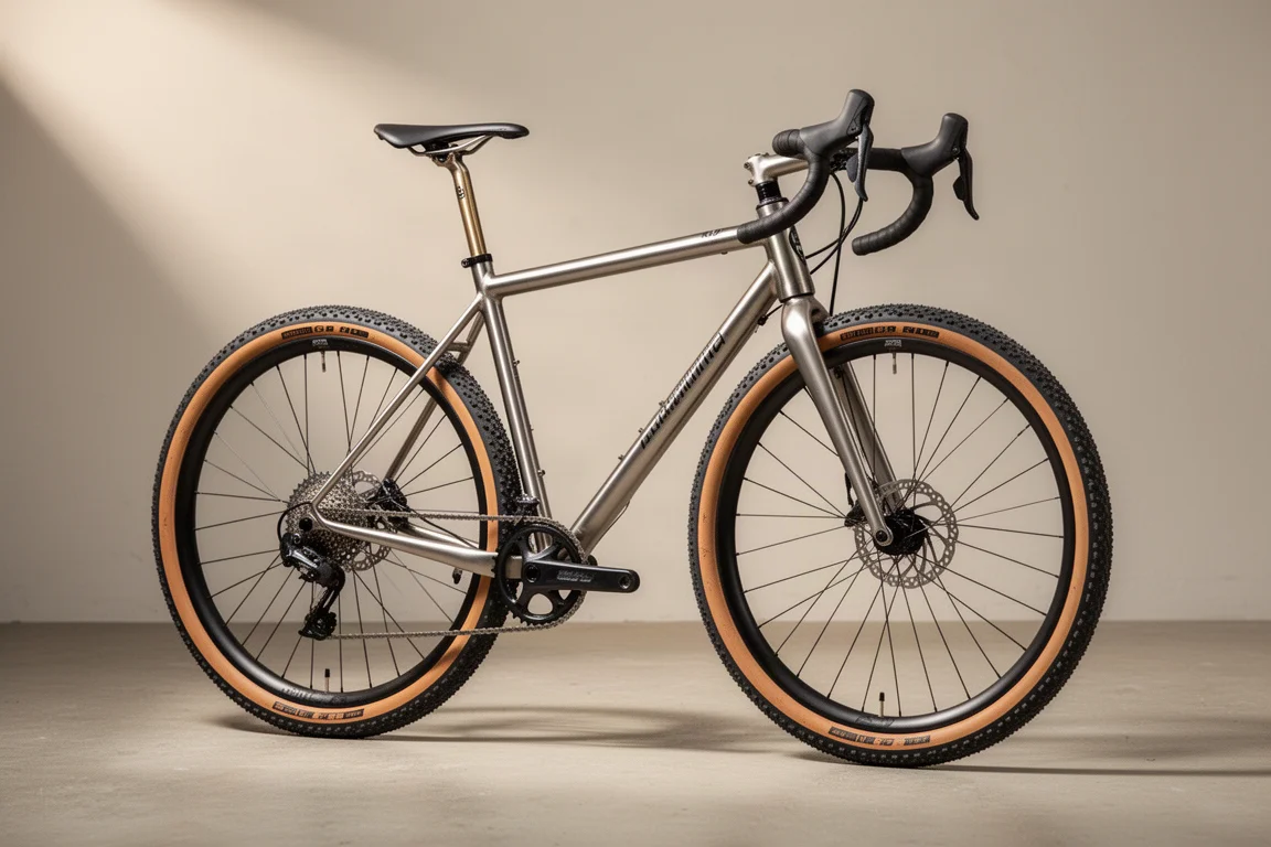 Titanium gravelbike met geborsteld metalen frame en brede banden op een grijze achtergrond