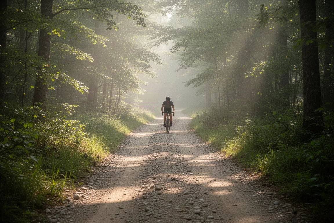 Ciclista de gravel rodando por una pista de grava ancha en un bosque con luz matinal suave y moteada