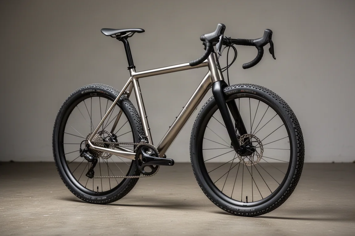 Titanium gravelracefiets met carbon voorvork en brede gravelbanden op een betonnen vloer